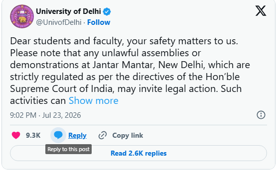 Delhi University Tweet On Jantar Mantar Protest